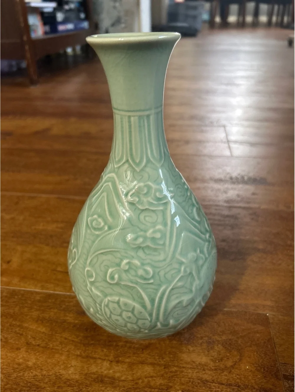 Celadon Green Ceramic Vase with Raised Animal and Floral Motifsp